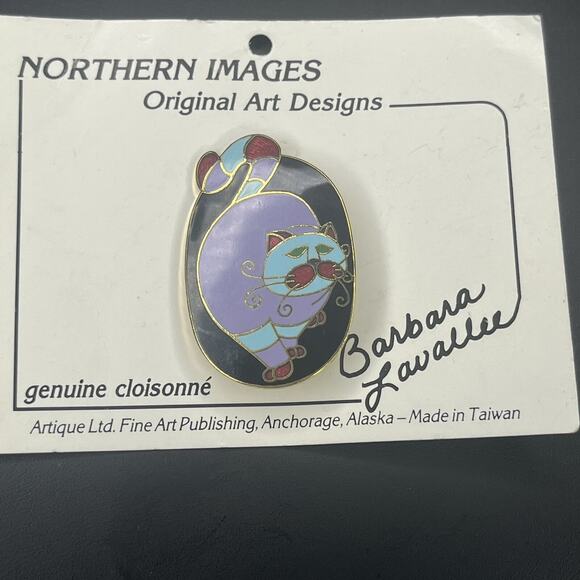 Vintage Barbara Lavallee Brooch Pin Genuine Cloisonne Enamel Cheshire Cat Kitty - Picture 1 of 7